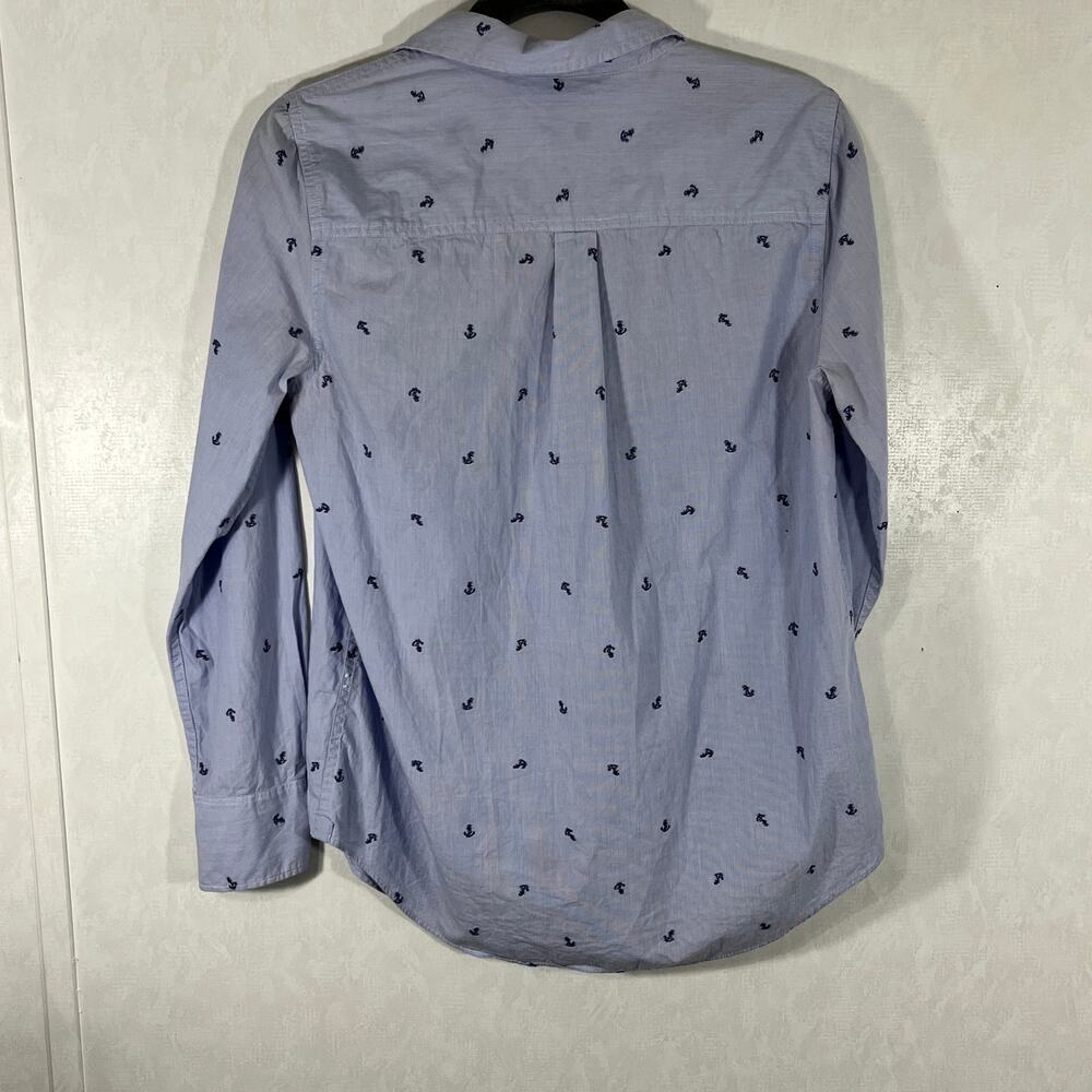 J. Crew Women's Cotton Shirt Light Blue with Navy Anchors Fine Stripe - Picture 4 of 7